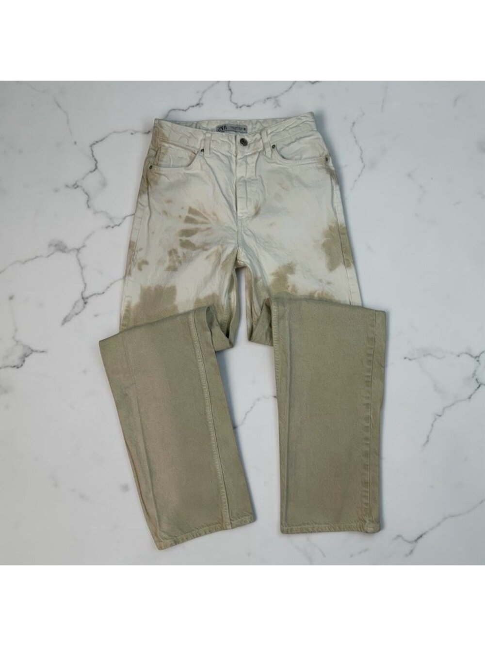 ZARA Jeans Size 4 USA High Rise Reg Straight Leg White Tan Tie Dye Rigid Denim